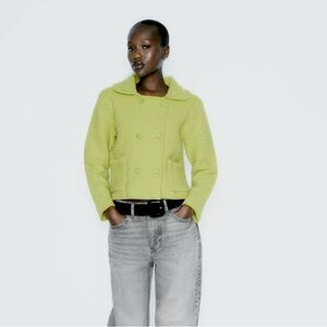 Zara Chartreuse Chunky Knit Cropped Double Breasted Cardigan Size Small